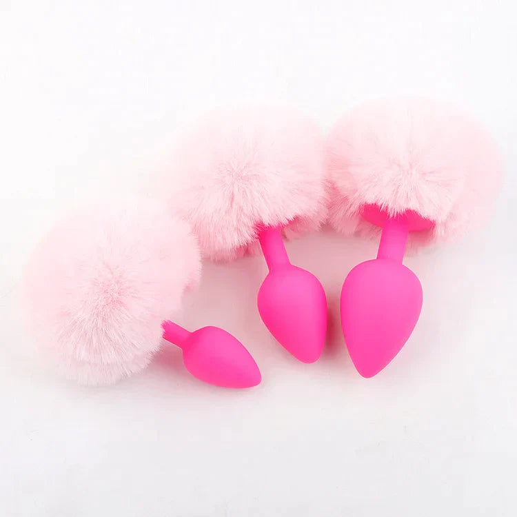 Pure Love Fluffy Bunny Tail, Silicone Anal Butt Plug, 3 Color, Adult Sex Toy