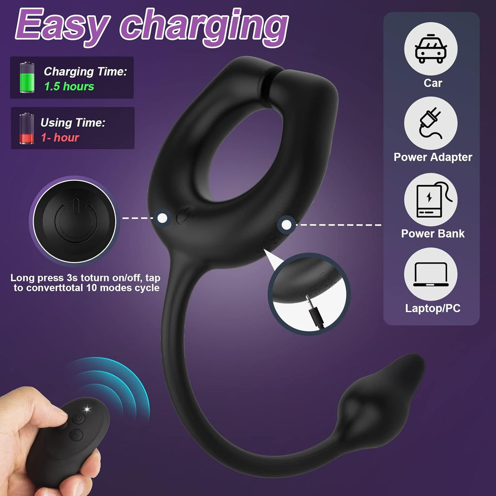 Vibrating Cock Ring with Anal Plug, Penis Ring Vibrator Magnet Adsorption Design, 10 Vibration Modes Adult Sex Toys for Men Coup