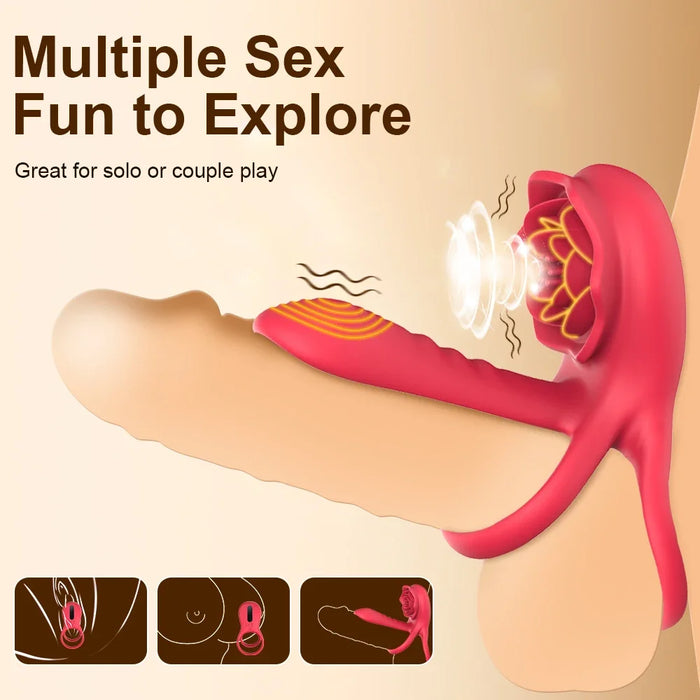 Rechargeable 7 Vibrating Male Couples Sex Toys, Vibrating Penis Ring with Rose Clitoral Stimulator, Couples Sex Toys with G Spot Clitoral Vibrator
